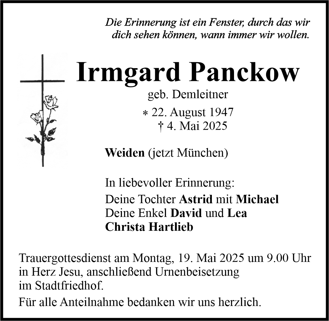 Traueranzeige Irmgard Panckow, Weiden