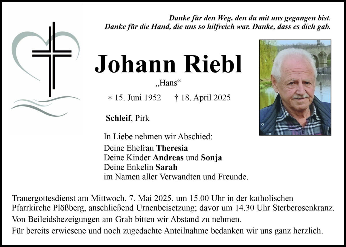 Traueranzeige Johann Riebl, Schleif