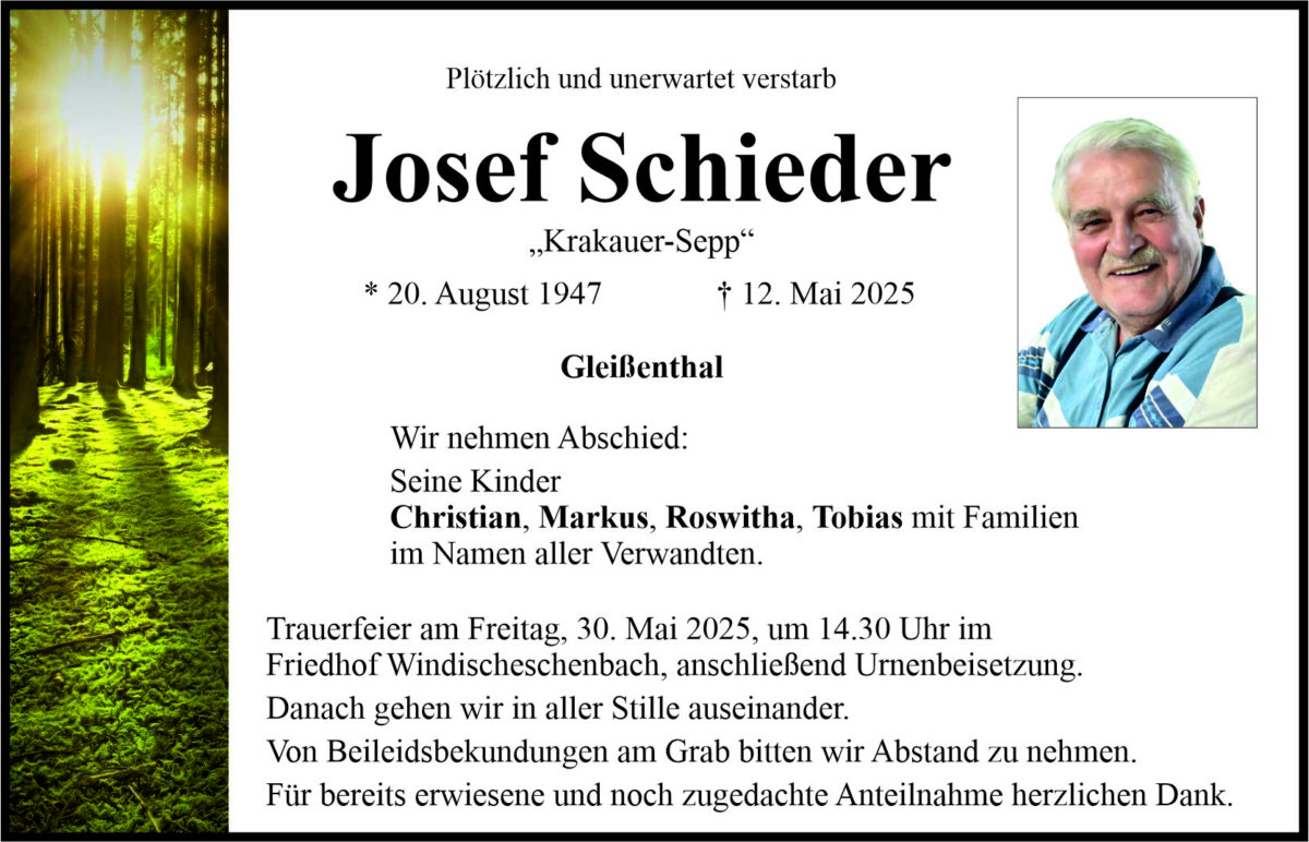 Traueranzeige Josef Schieder, Gleißenthal