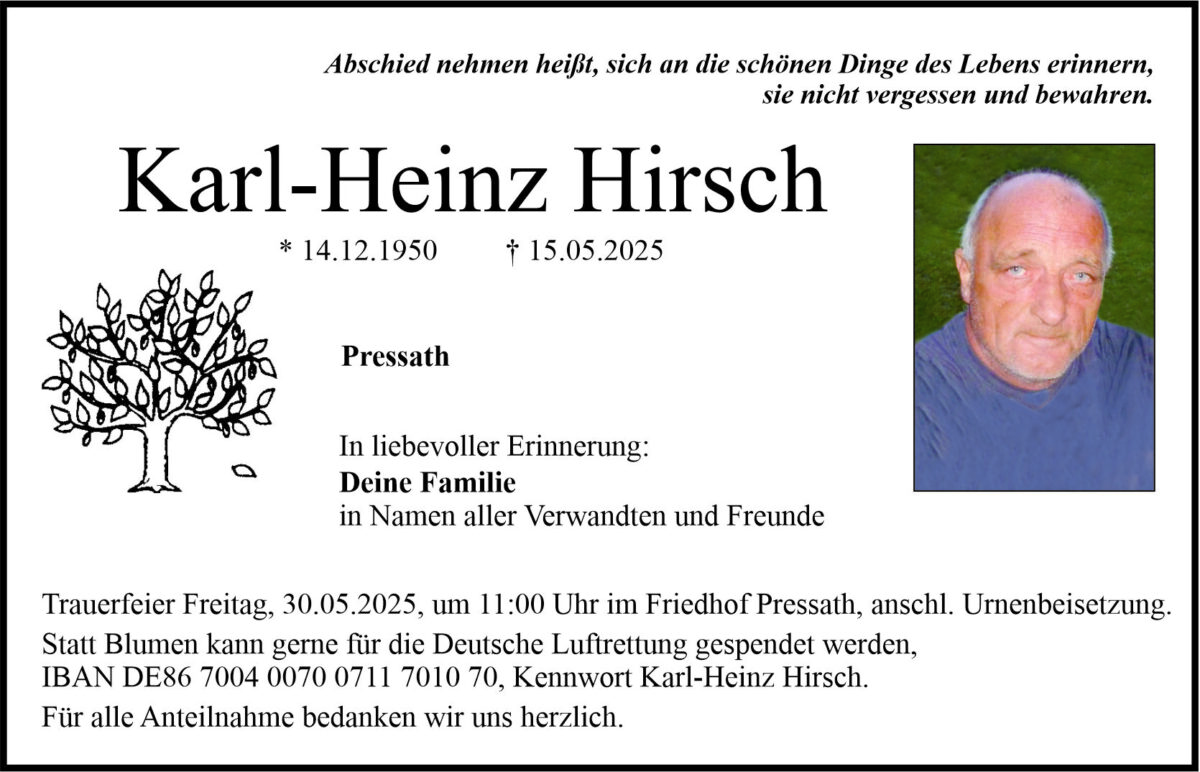Traueranzeige Karl-Heinz Hirsch, Pressath