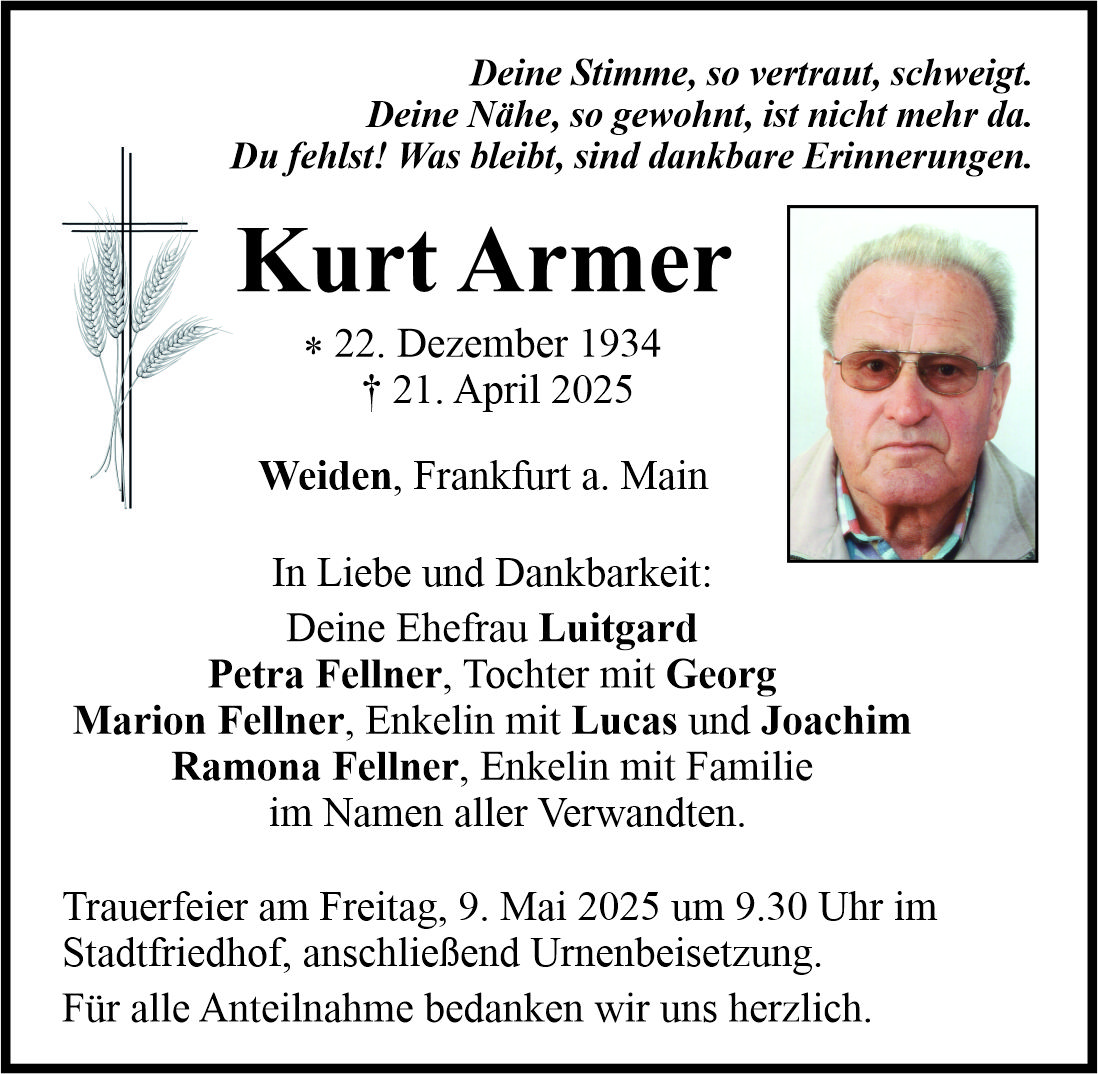 Traueranzeige Kurt Armer, Weiden