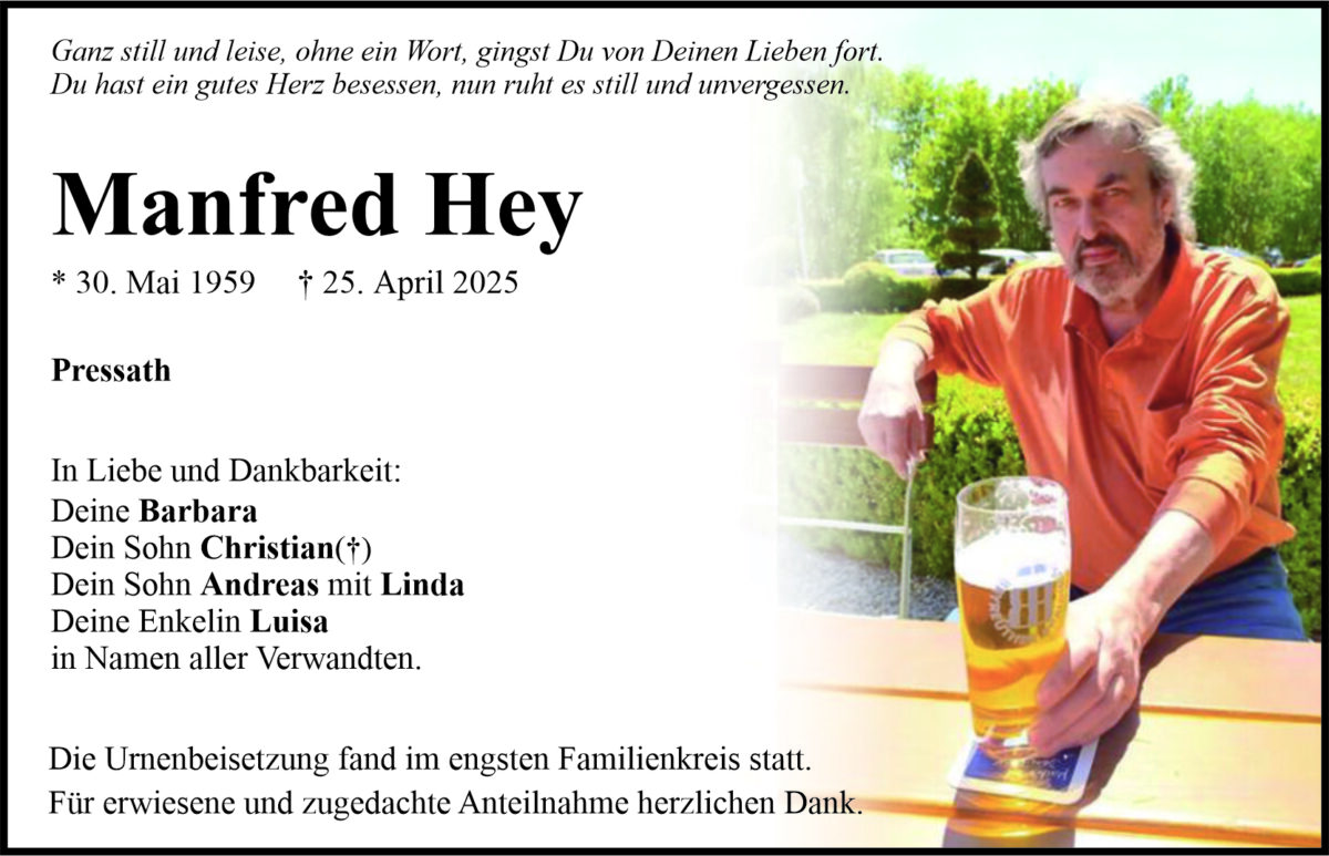 Traueranzeige Manfred Hey, Pressath