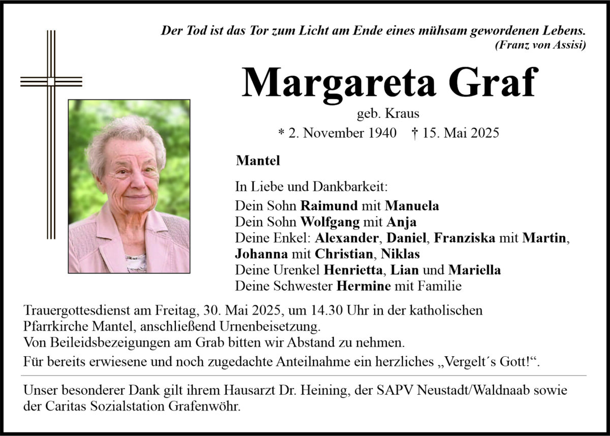 Traueranzeige Margareta Graf, Mantel