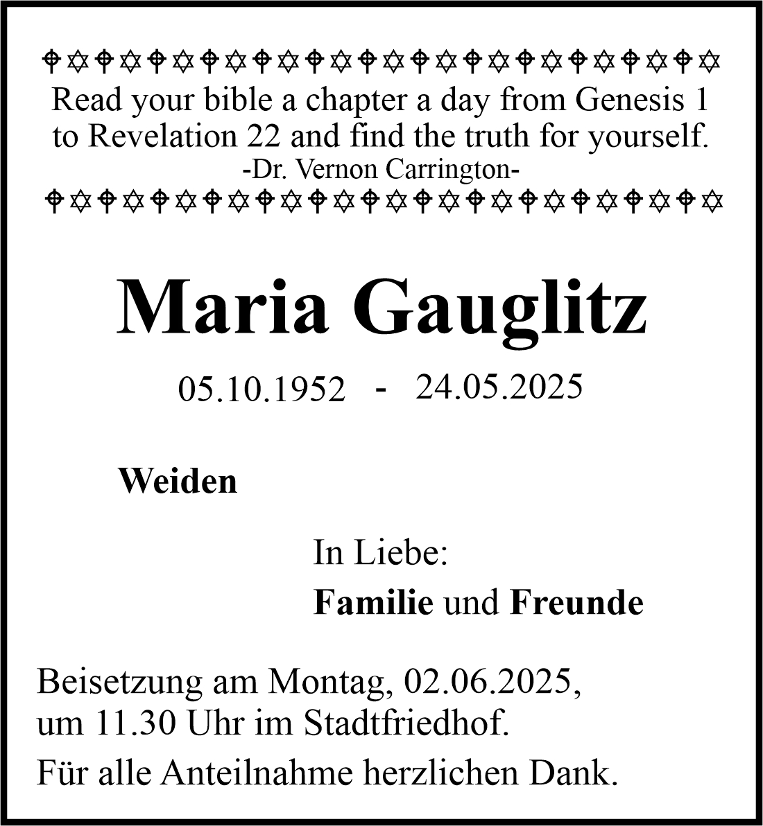 Traueranzeige Maria Gauglitz, Weiden