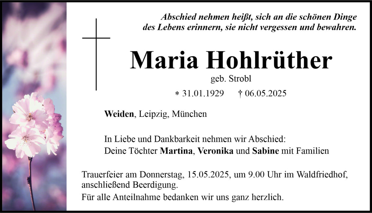 Traueranzeige Maria Hohlrüther, Weiden