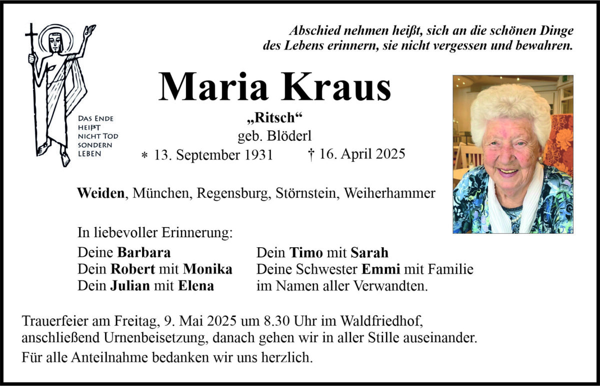 Traueranzeige Maria Kraus, Weiden