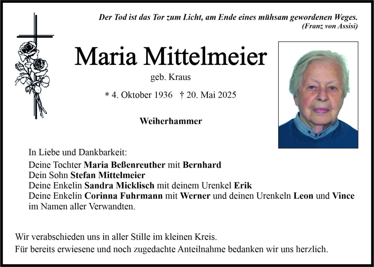 Traueranzeige Maria Mittelmeier, Weiherhammer