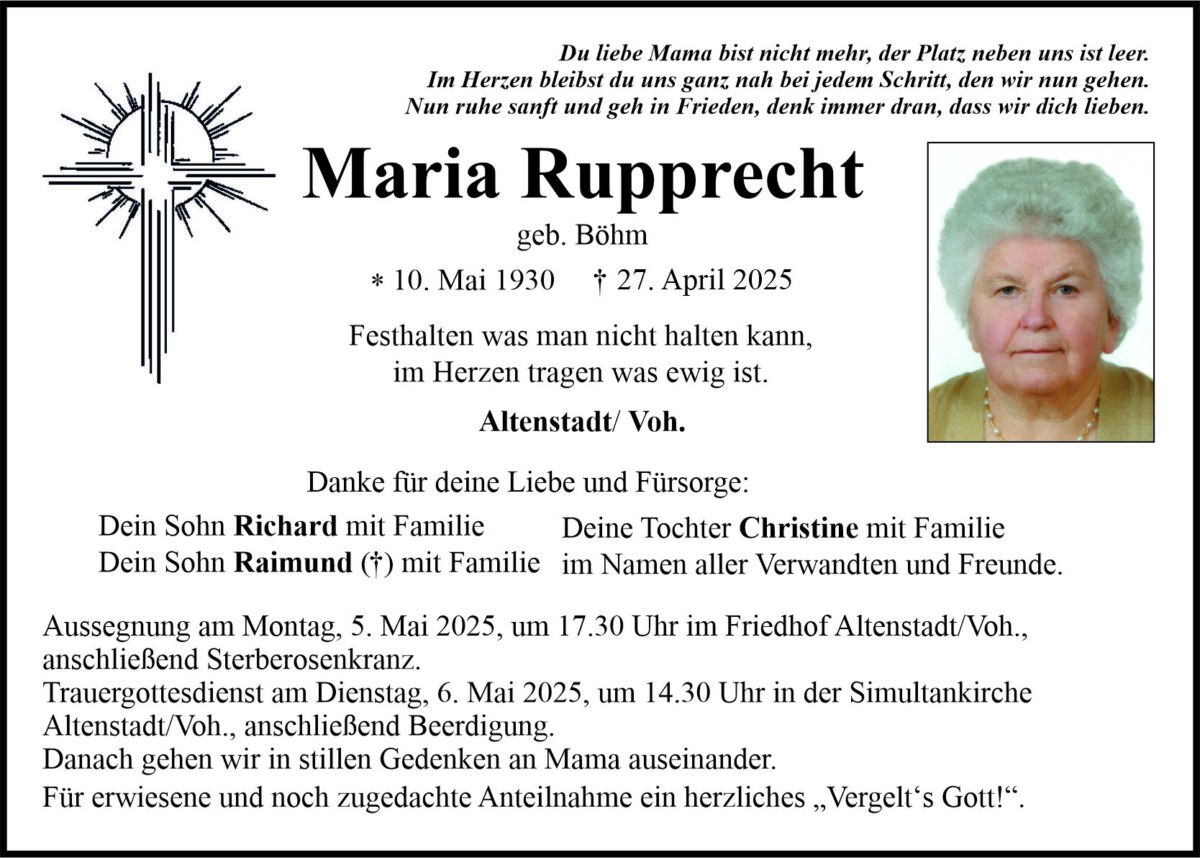 Traueranzeige Maria Rupprecht, Altenstadt/Voh.