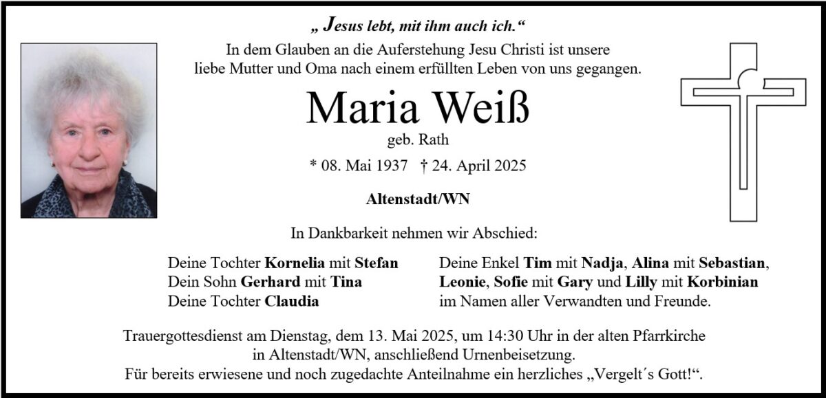 Traueranzeige Maria Weiß, Altenstadt/WN