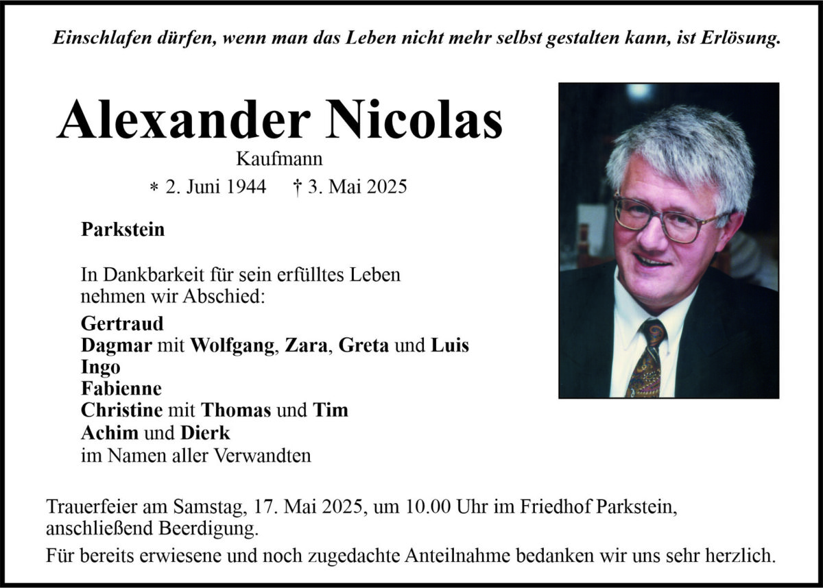 Traueranzeige Nicolas Alexander, Parkstein
