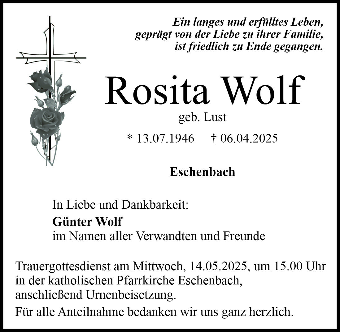 Traueranzeige Rosita Wolf, Eschenbach