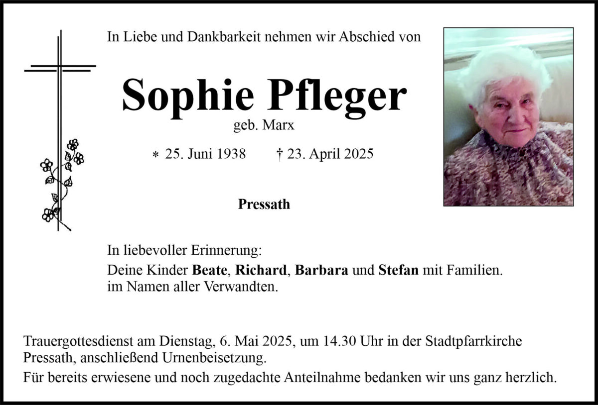 Traueranzeige Sophie Pfleger, Pressath