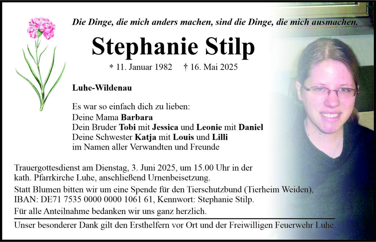 Traueranzeige Stephanie Stilp, Luhe-Wildenau