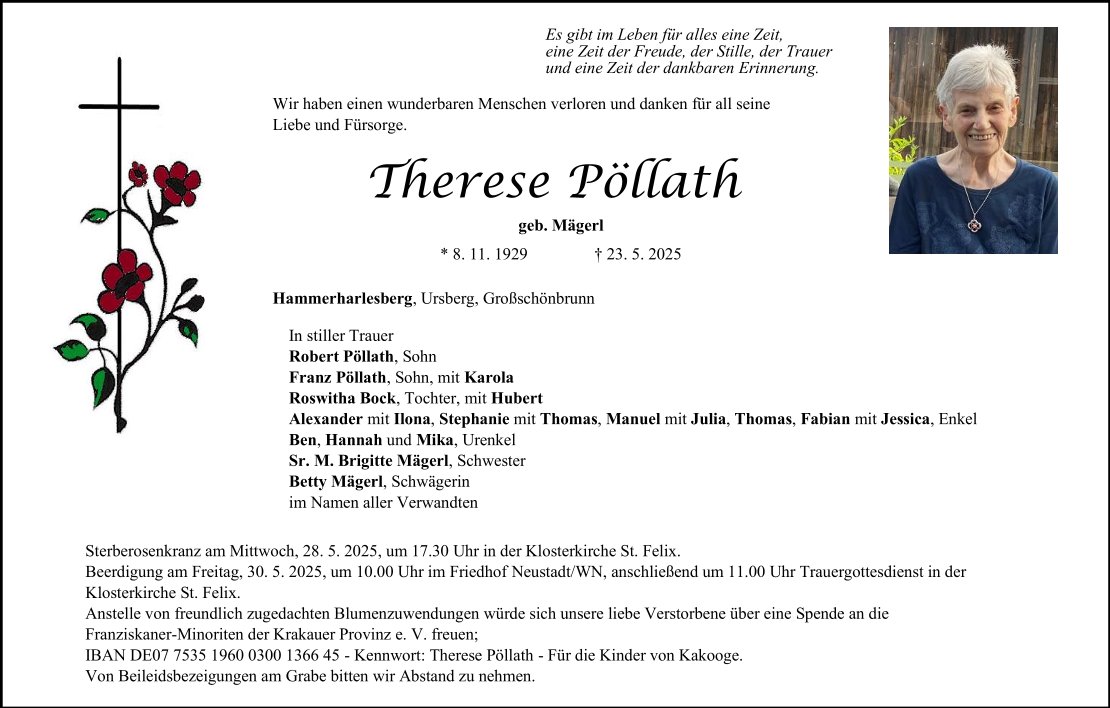 Traueranzeige Therese Pöllath, Hammerharlesberg