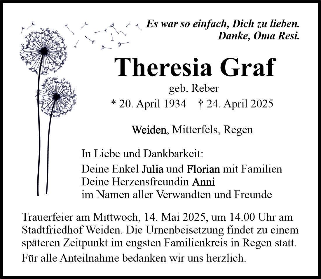 Traueranzeige Theresia Graf, Weiden
