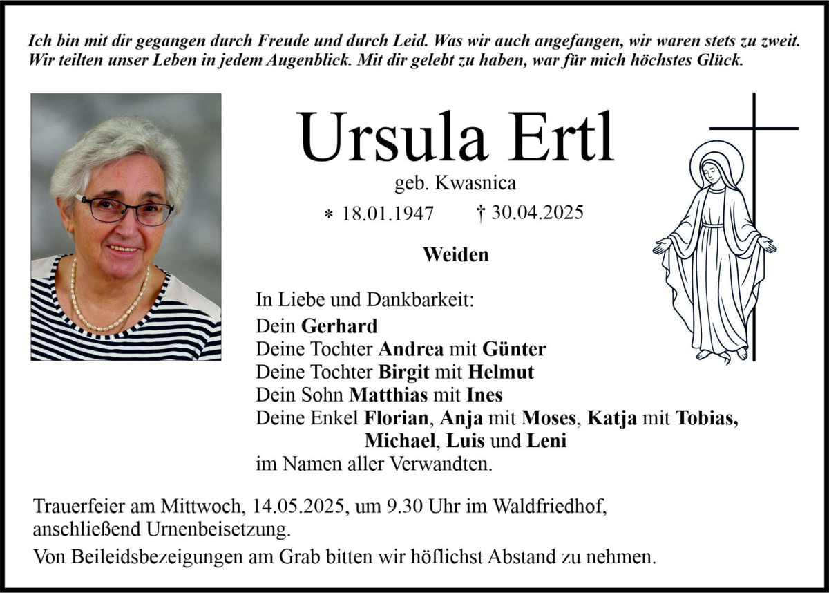 Traueranzeige Ursula Ertl, Weiden