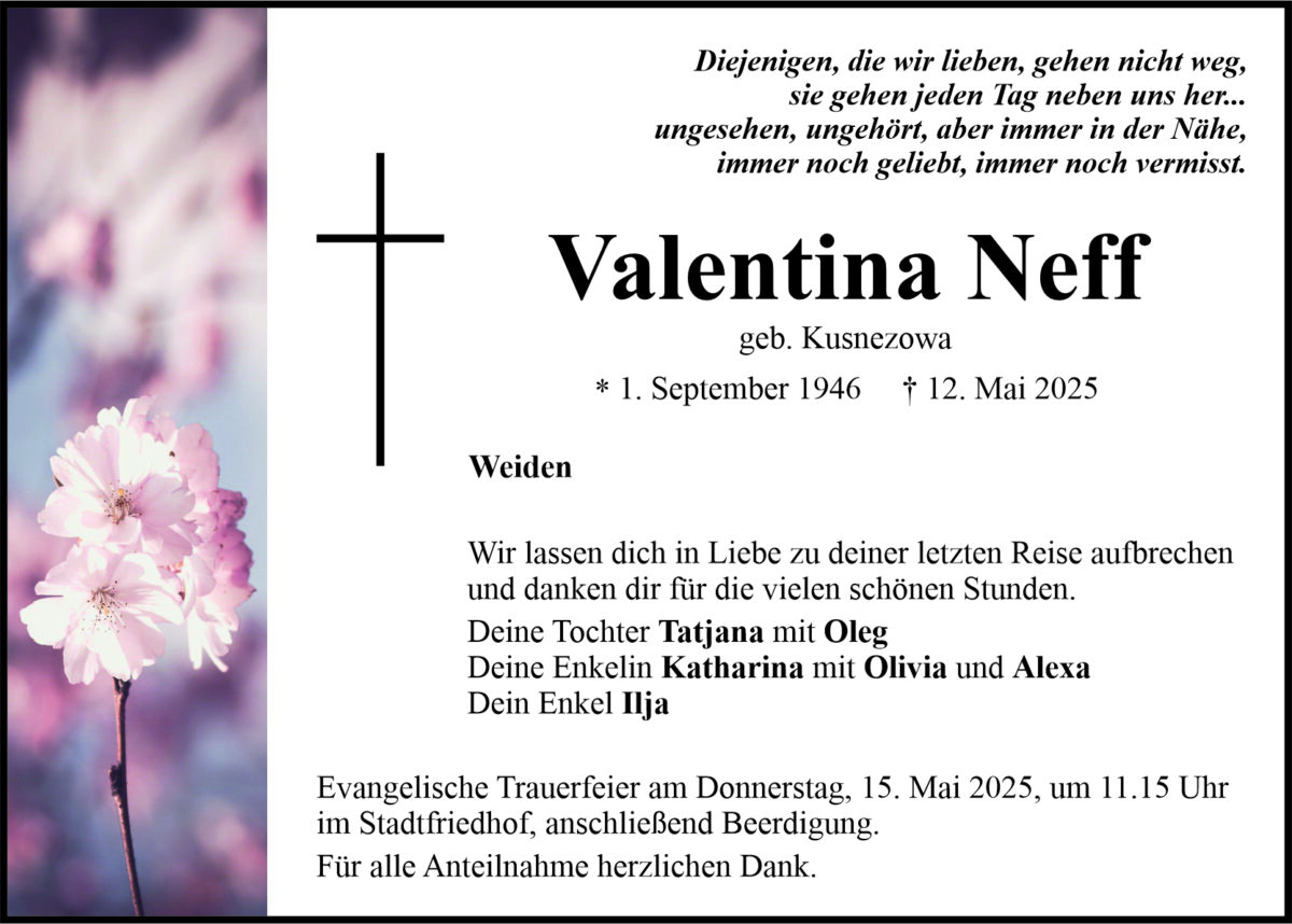 Traueranzeige Valentina Neff, Weiden