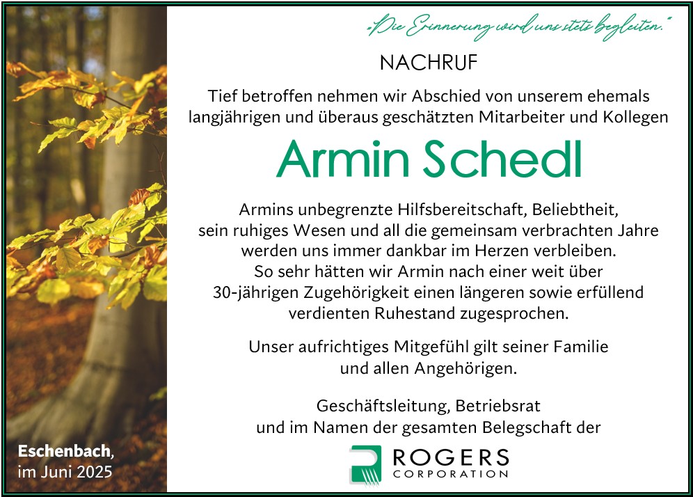 Nachruf Armin Schedl, Eschenbach