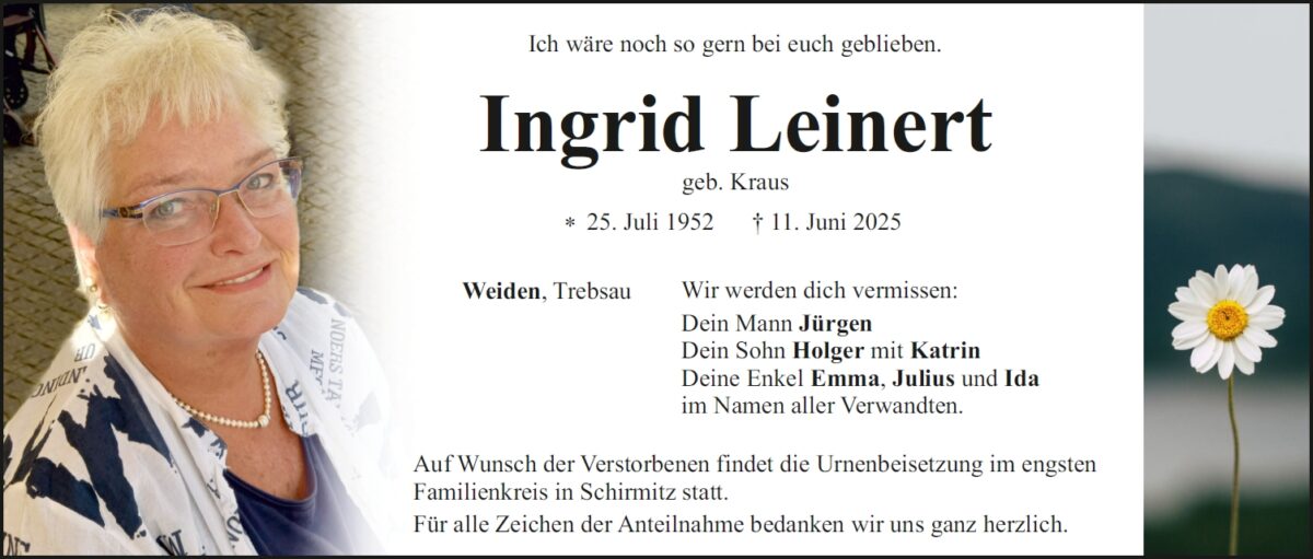 Traueranzeige Ingrid Leinert, Schirmitz
