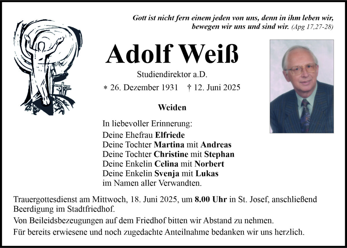 Traueranzeige Adolf Weiß, Weiden