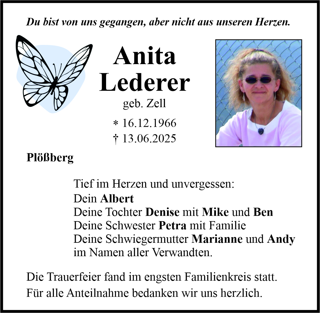 Traueranzeige Anita Lederer, Plößberg