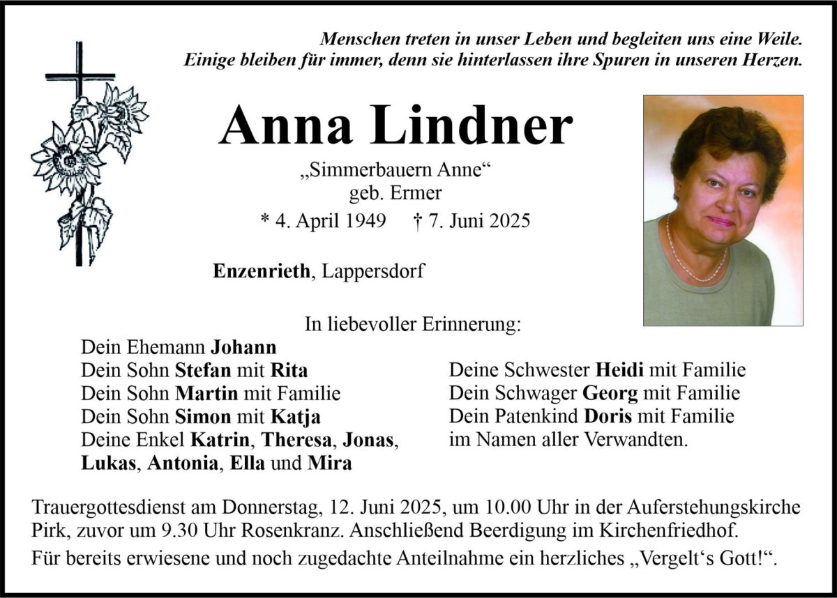 Traueranzeige Anna Lindner, Enzenrieth