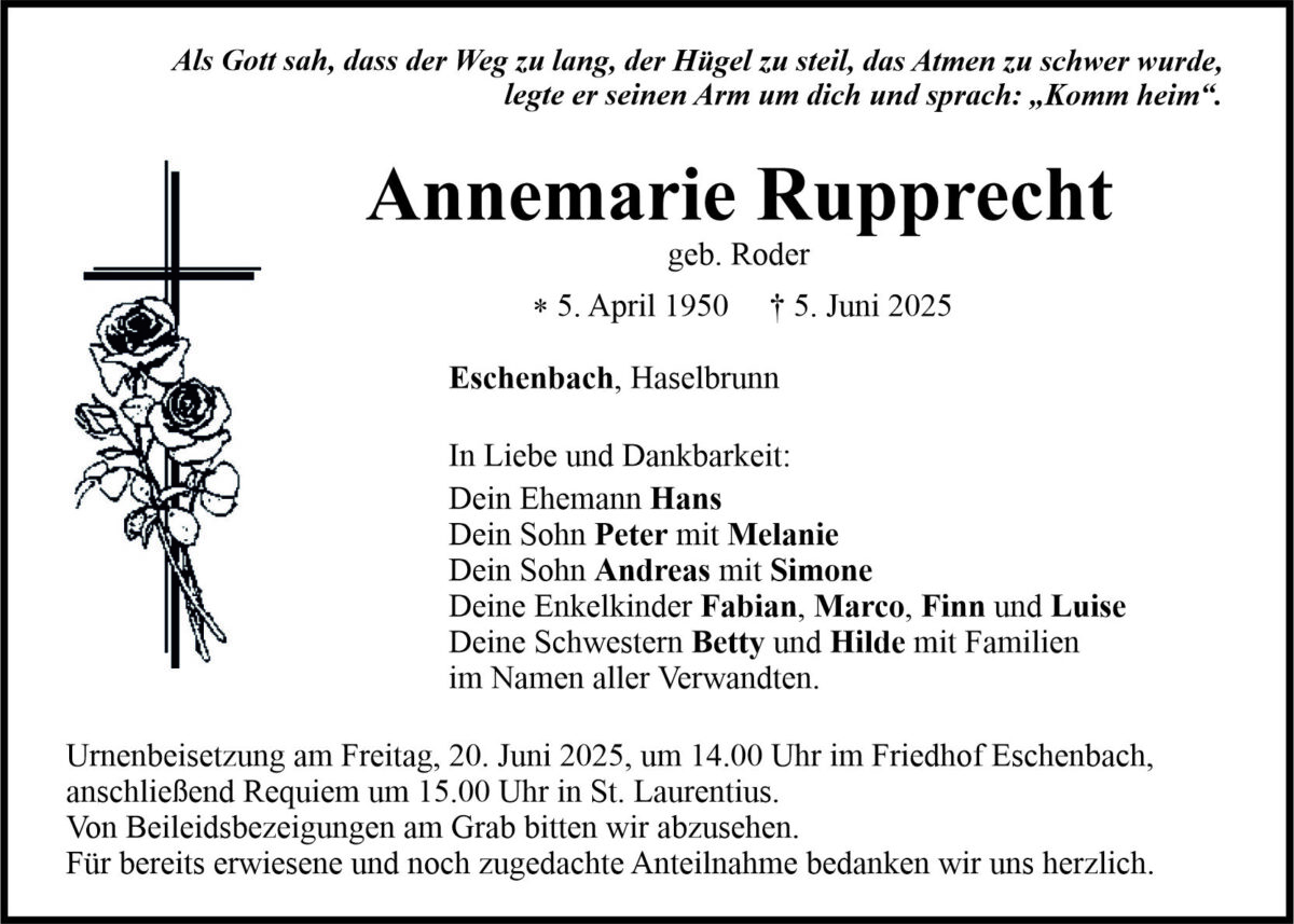 Traueranzeige Annemarie Rupprecht, Eschenbach