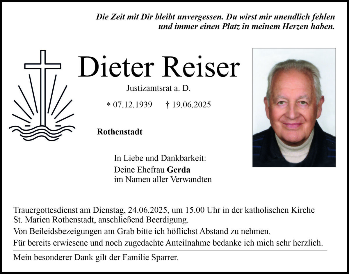 Traueranzeige Dieter Reiser, Rothenstadt
