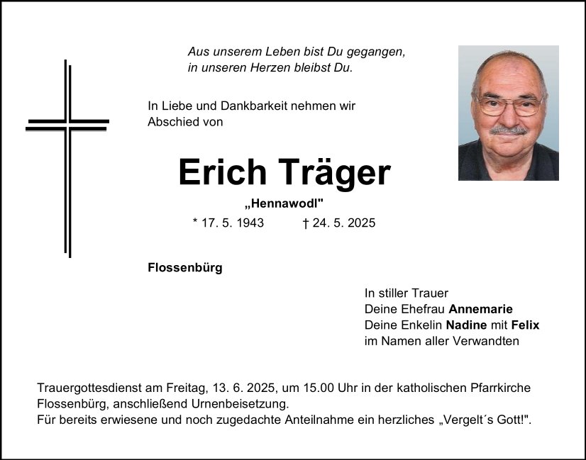 Traueranzeige Erich Träger, Flossenbürg