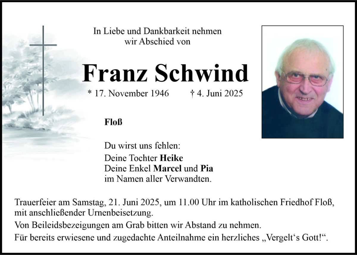 Traueranzeige Franz Schwind, Floß