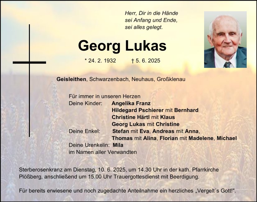 Traueranzeige Georg Lukas, Geisleithen