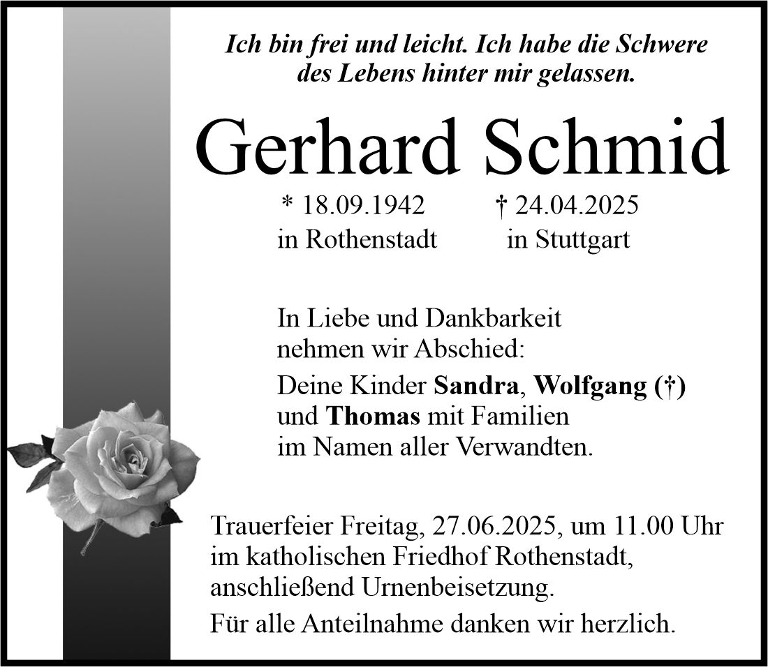 Traueranzeige Gerhard Schmid, Rothenstadt