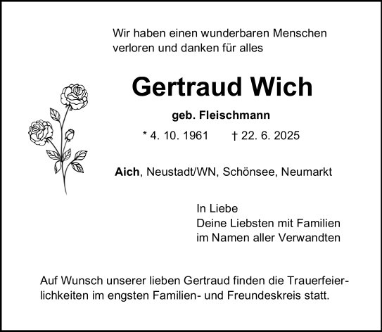 Traueranzeige Gertraud Wich, Aich