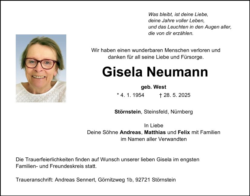 Traueranzeige Gisela Neumann, Störnstein