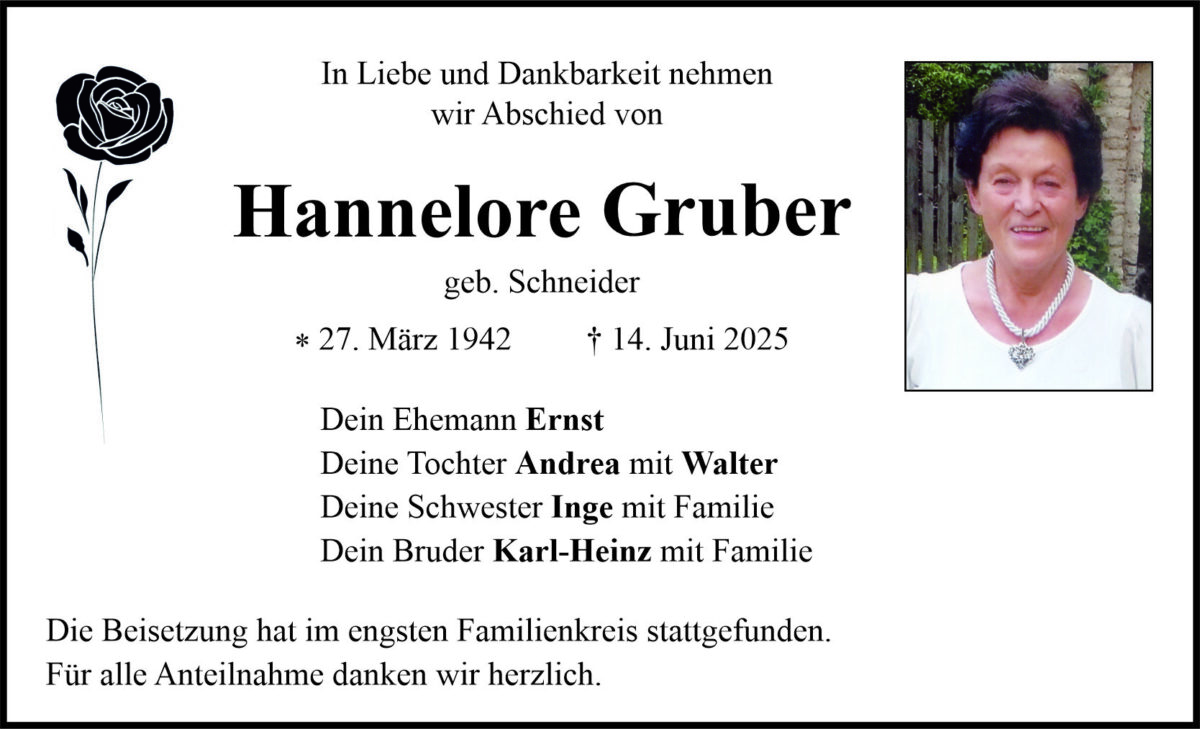 Traueranzeige Hannelore Gruber, Schirmitz