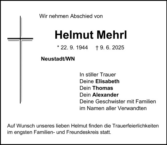 Traueranzeige Helmut Mehrl, Neustadt/WN