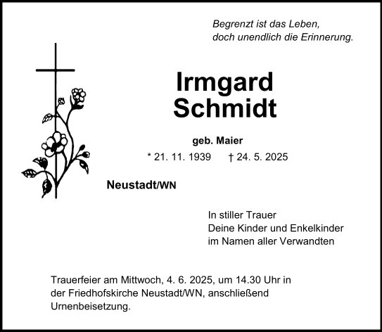 Traueranzeige Irmgard Schmidt, Neustadt/WN