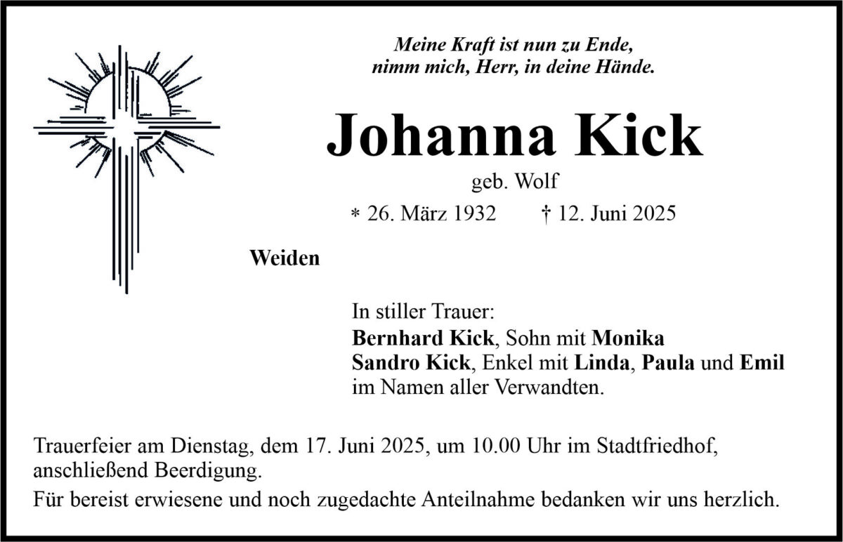 Traueranzeige Johanna Kick, Weiden