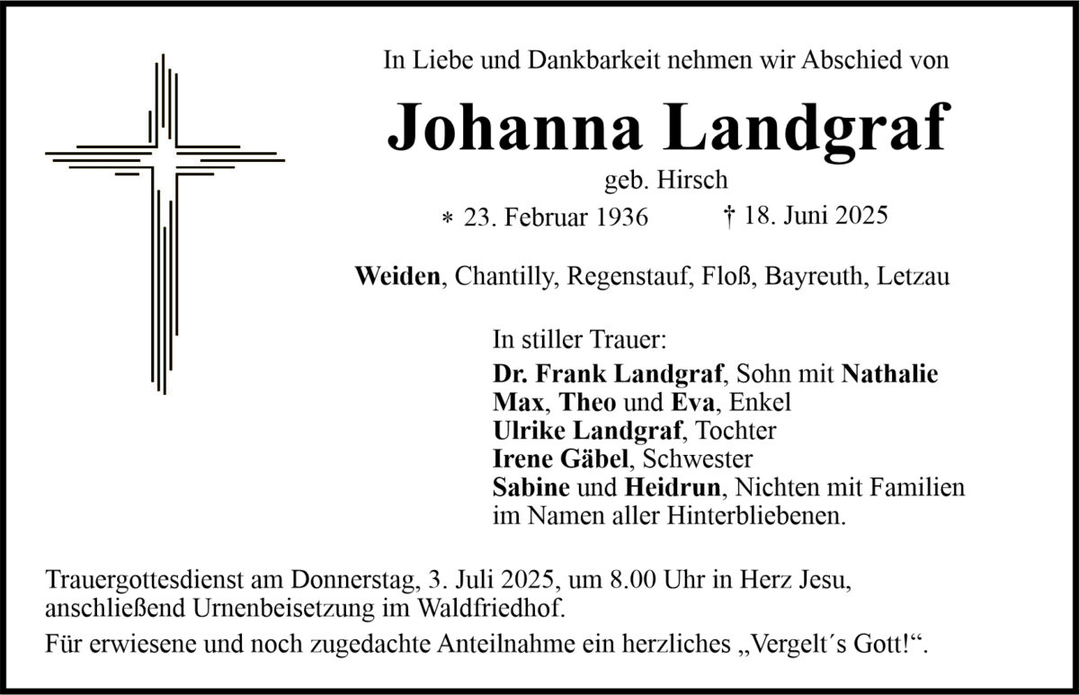 Traueranzeige Johanna Landgraf, Weiden