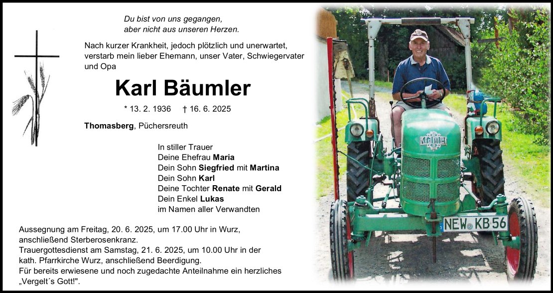 Traueranzeige Karl Bäumler, Thomasberg
