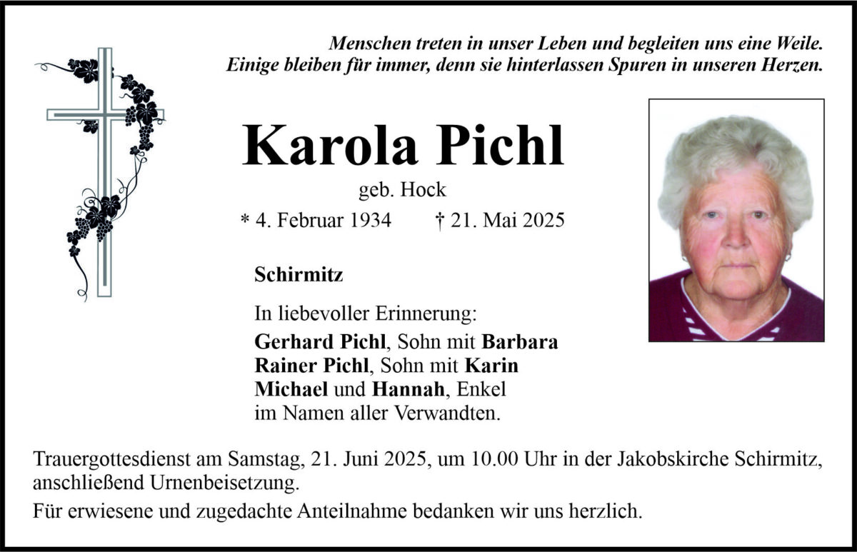 Traueranzeige Karola Pichl, Schirmitz