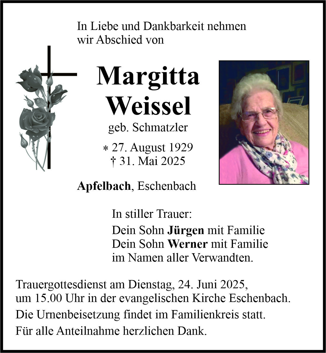 Traueranzeige Margitta Weissel, Apfelbach