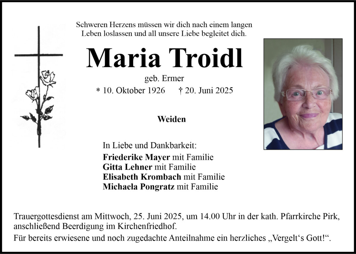 Traueranzeige Maria Troidl, Weiden