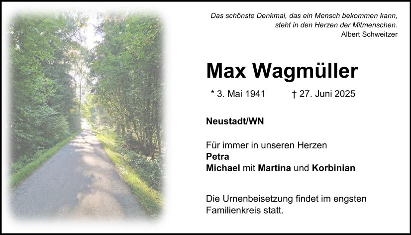 Traueranzeige Max Wagmüller, Neustadt/WN