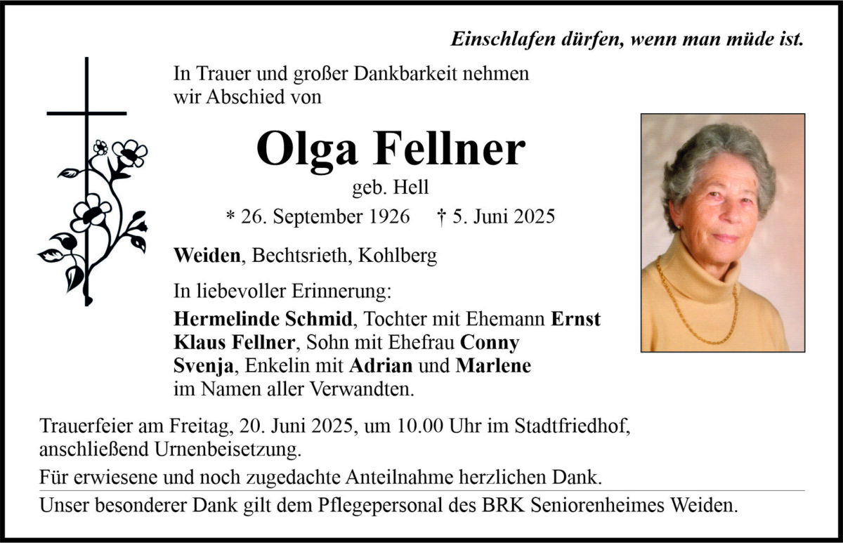 Traueranzeige Olga Fellner, Weiden