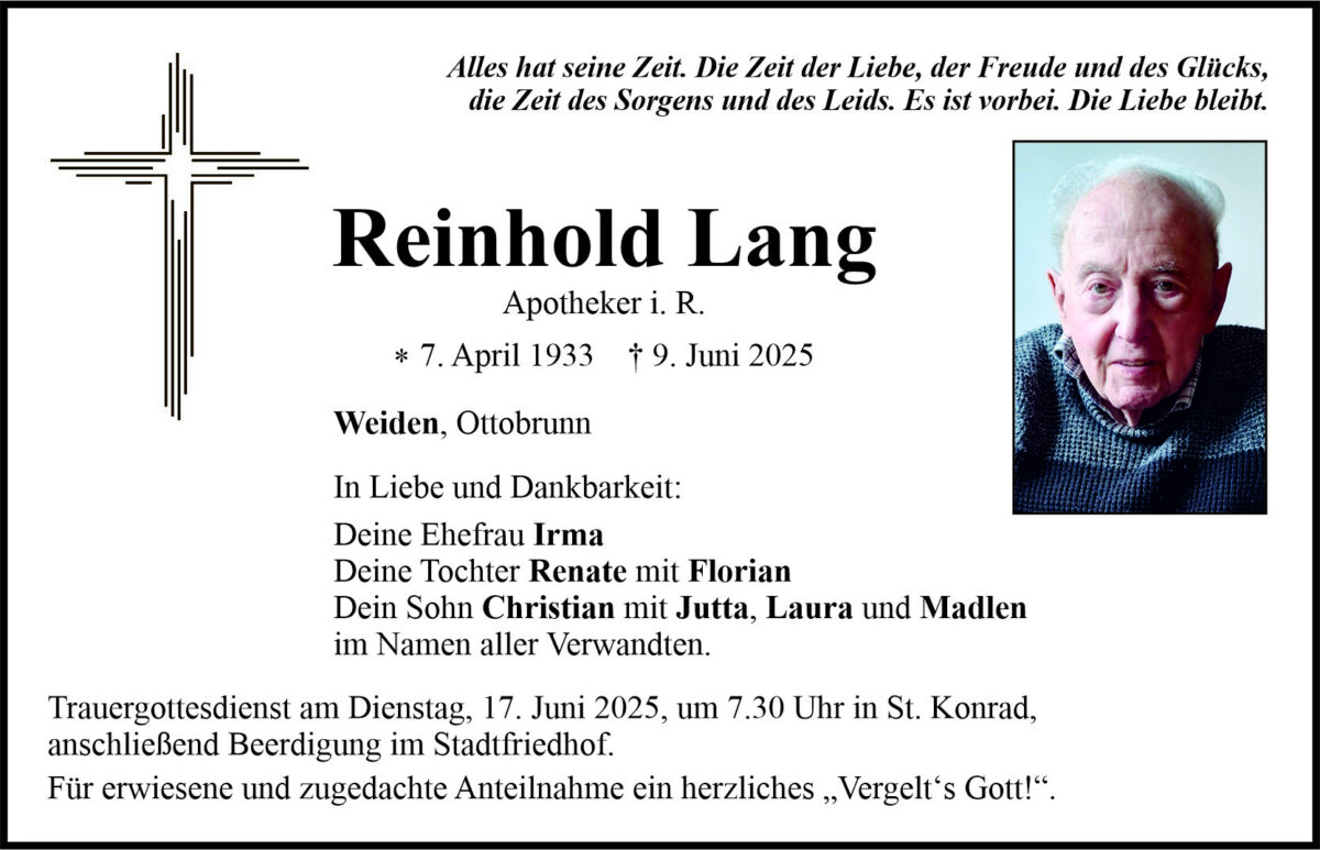 Traueranzeige Reinhold Lang, Weiden
