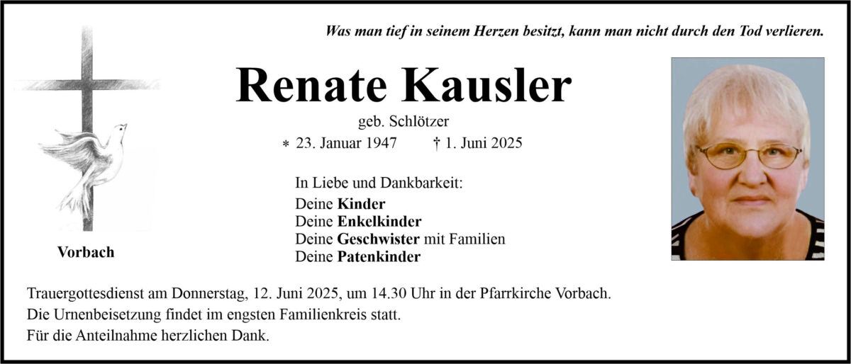 Traueranzeige Renate Kausler, Vorbach
