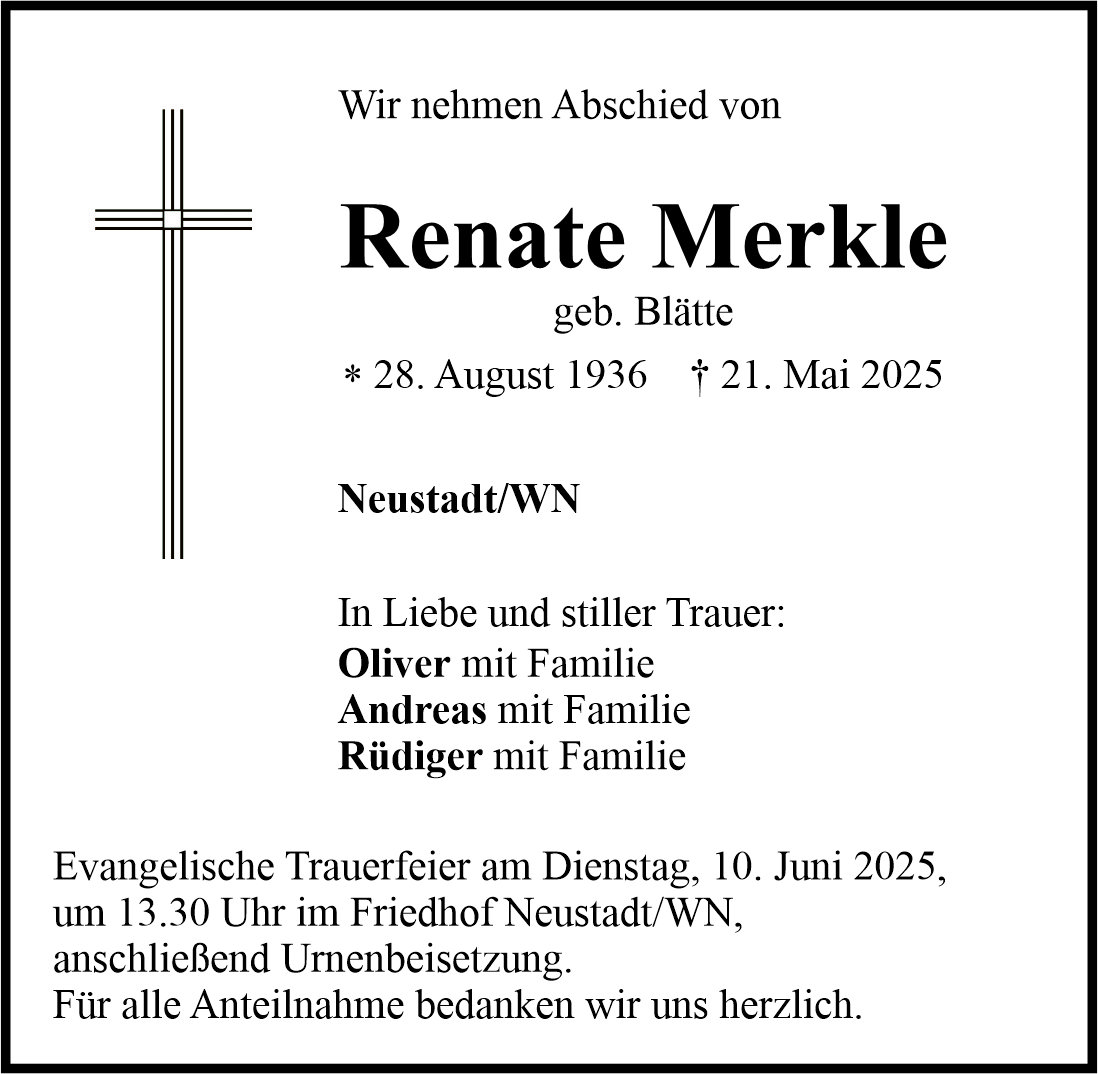 Traueranzeige Renate Merkle, Neustadt/WN