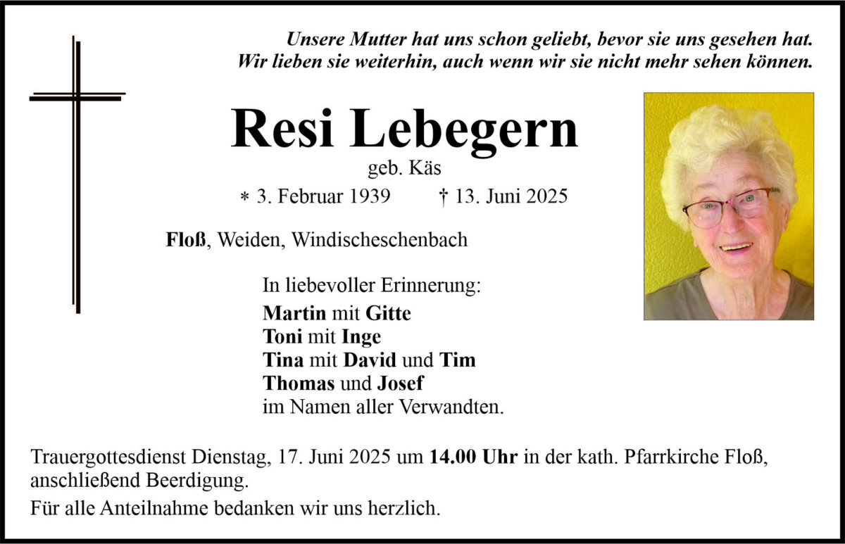 Traueranzeige Resi Lebegern, Floß