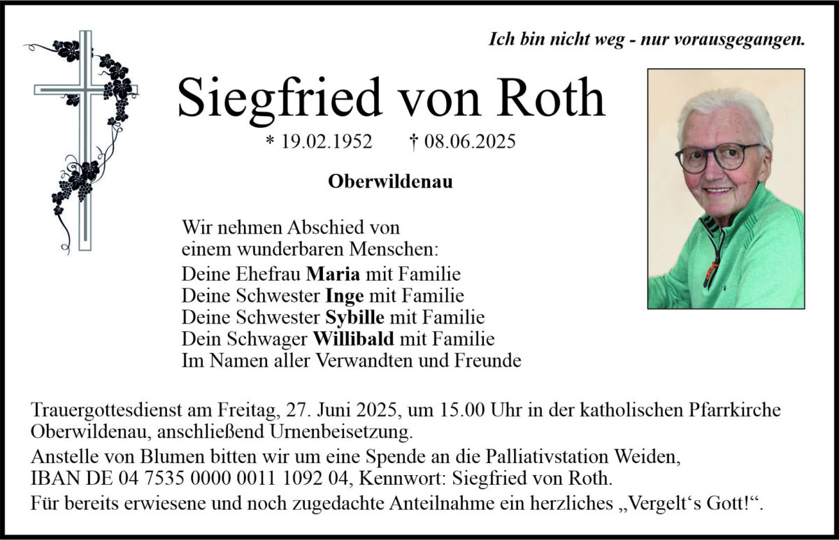 Traueranzeige Siegfried von Roth, Oberwildenau